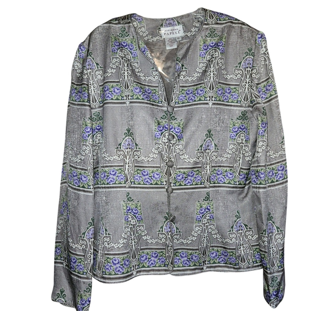 Adrianna‎ Papell Women 10 Silk Blazer Grey Purple Floral Nouveau Button Jacket